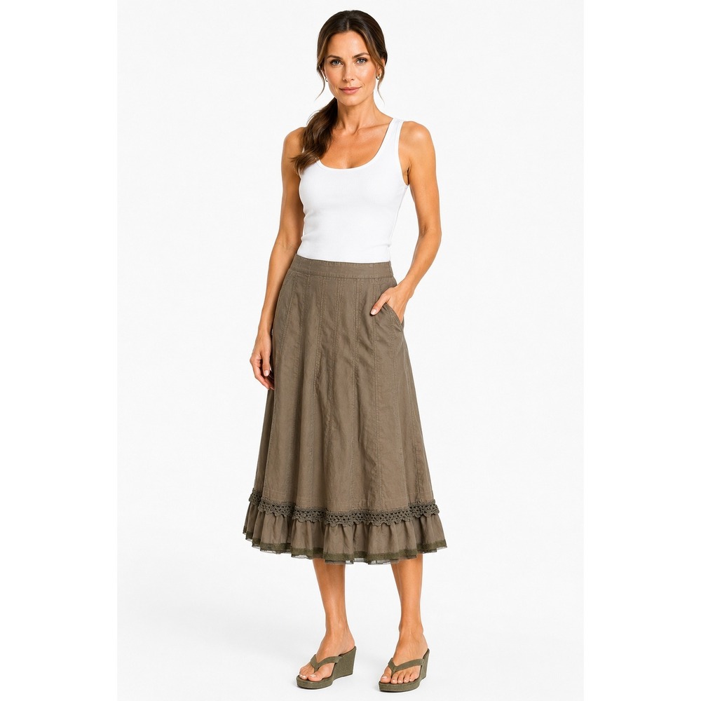 La Redoute Creation Brown Crochet Lace‎ Ruffle Hem Midi Skirt Womens Size 10